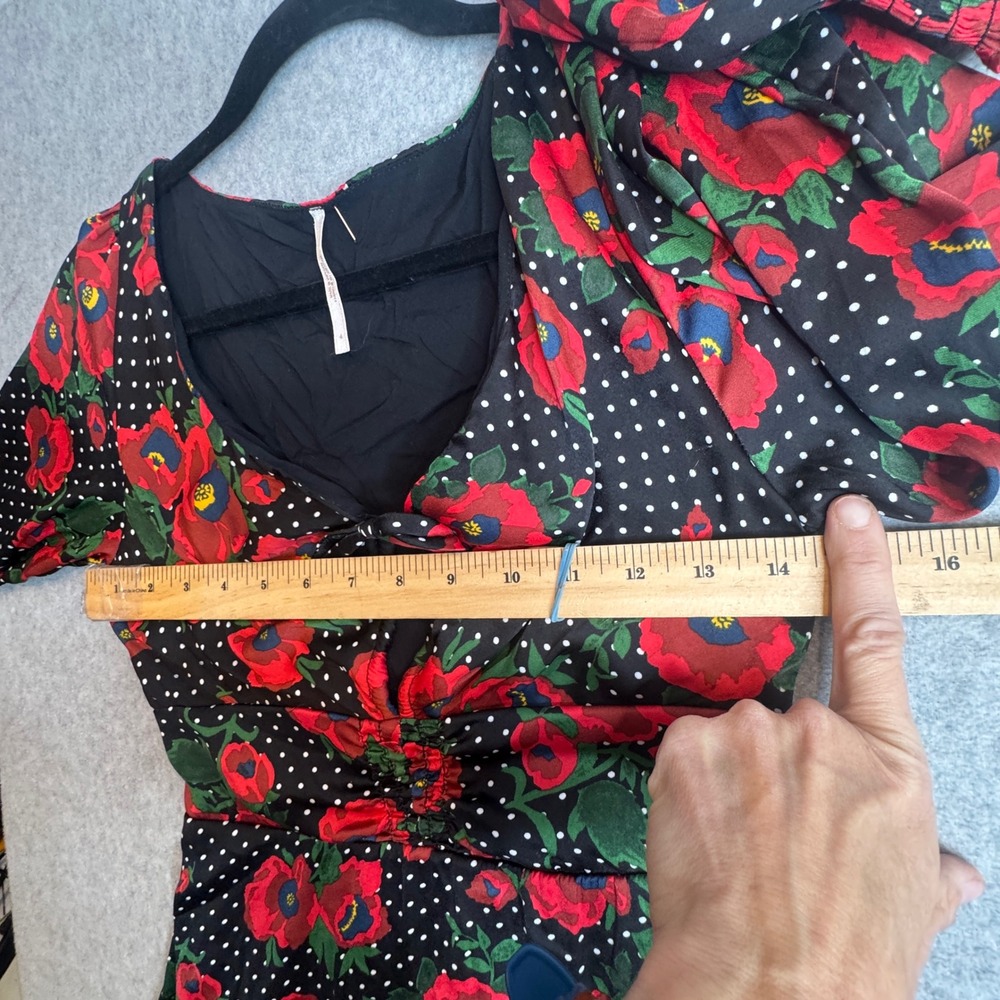Free‎ People Long Sleeve Mini Dress Tie Front Black Red Floral Polka Dot Size S - Picture 8 of 8